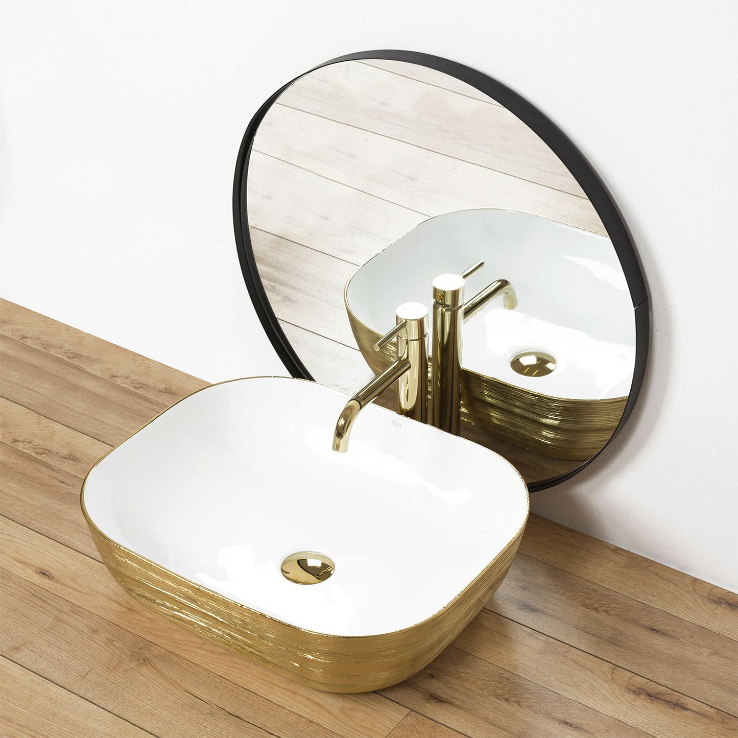 Lavoar blat Rea Floria Gold/White, 39x39cm, ceramica sanitara - MarbelOn