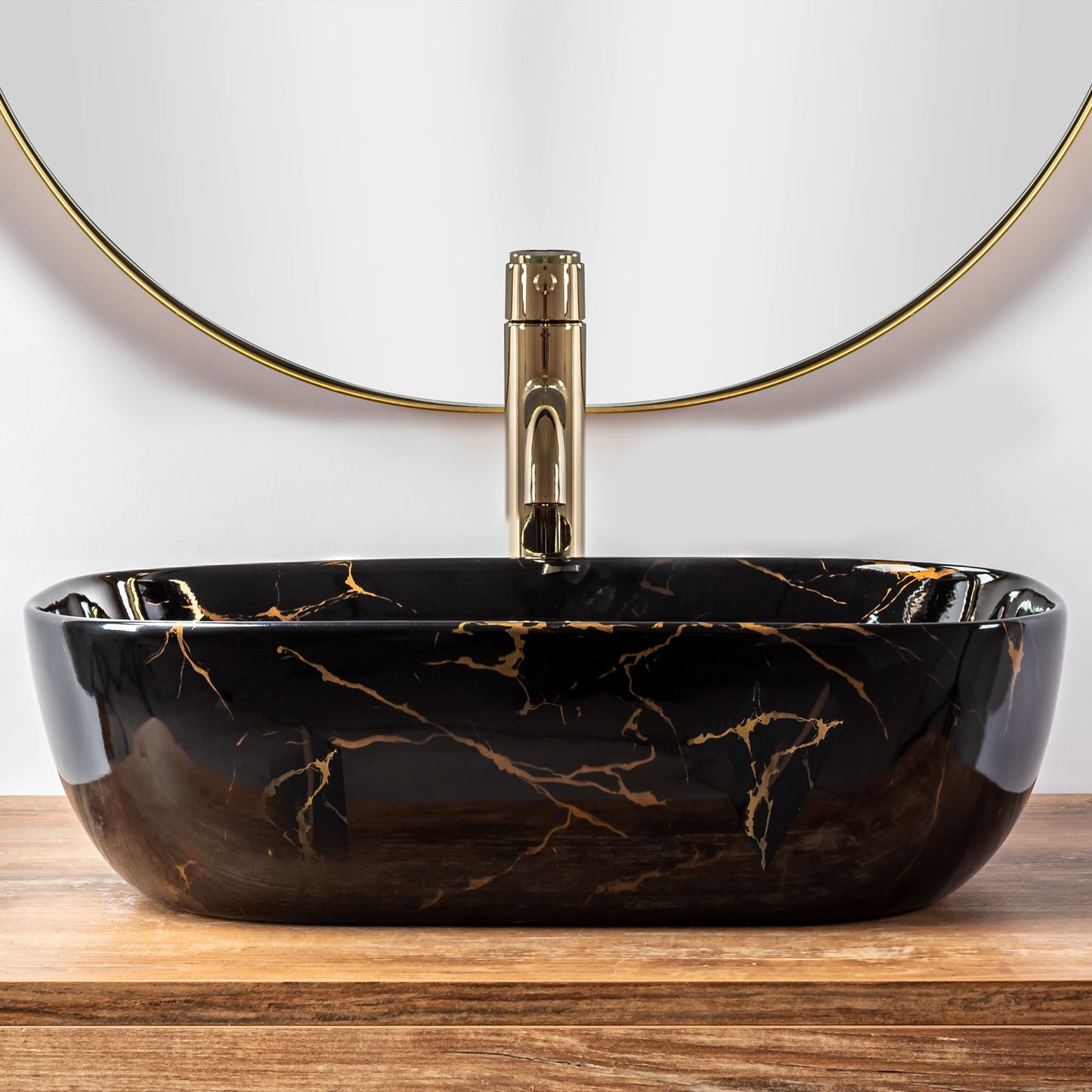 Lavoar blat Rea Belinda Black Marble Shiny, 46.5x33cm, ceramica sanitara - MarbelOn