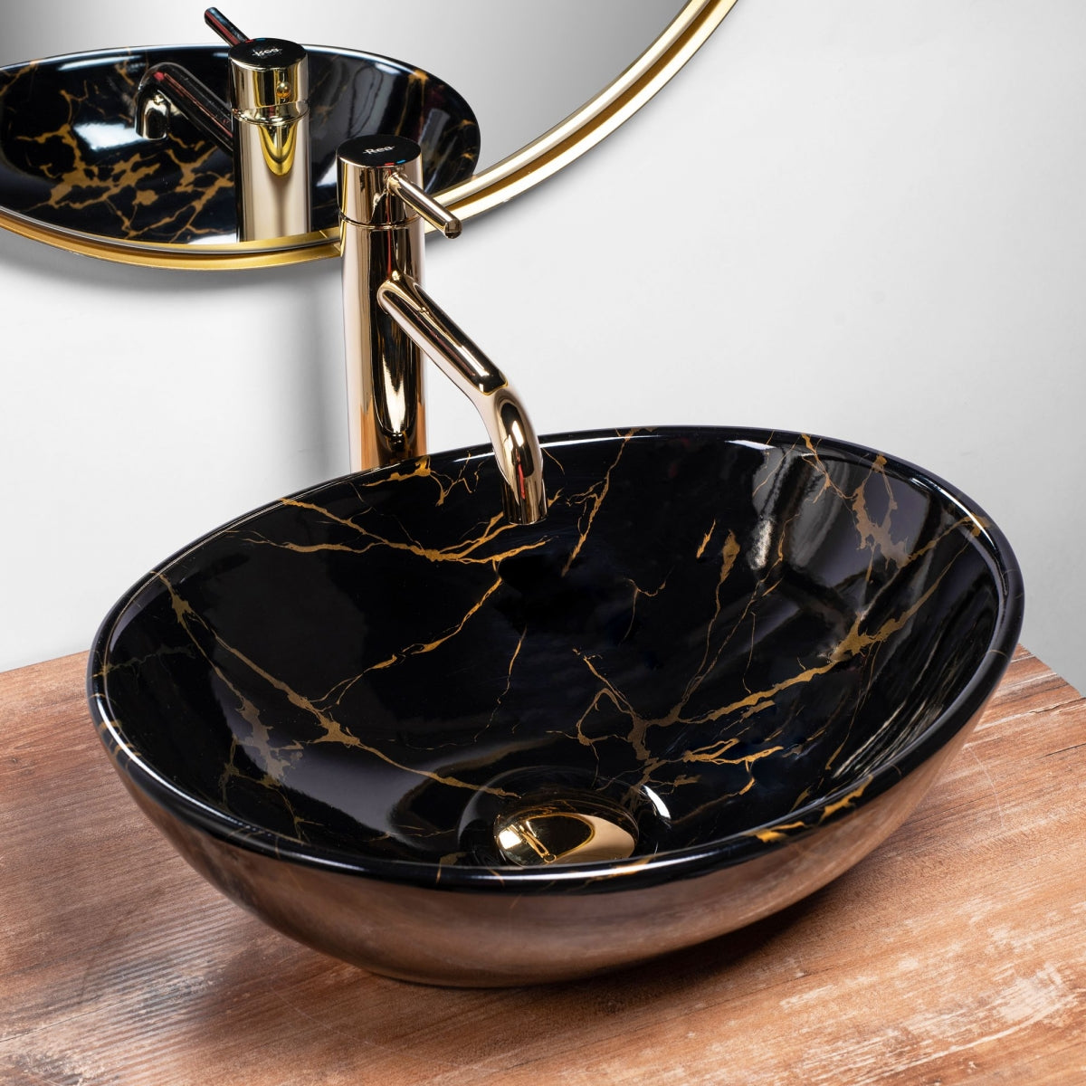 Lavoar blat Rea Sofia Marble Black Shiny, 41x34.5cm, ceramica sanitara - MarbelOn
