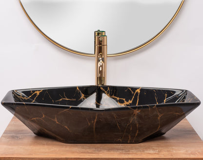 Lavoar blat Rea Vegas Black Marble Shiny, 57x37cm, ceramica sanitara - MarbelOn