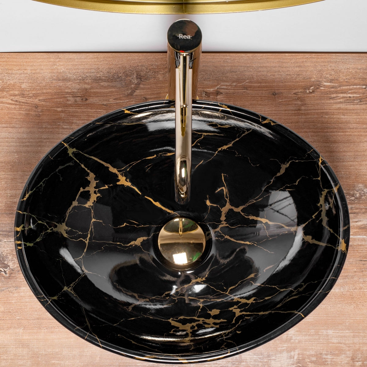 Lavoar blat Rea Sofia Marble Black Shiny, 41x34.5cm, ceramica sanitara - MarbelOn