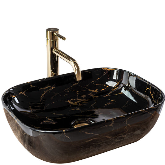Lavoar blat Rea Belinda Black Marble Shiny, 46.5x33cm, ceramica sanitara - MarbelOn