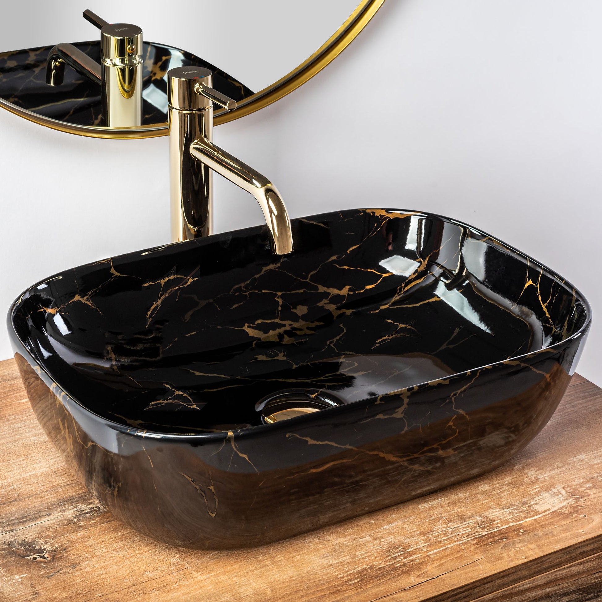 Lavoar blat Rea Belinda Black Marble Shiny, 46.5x33cm, ceramica sanitara - MarbelOn