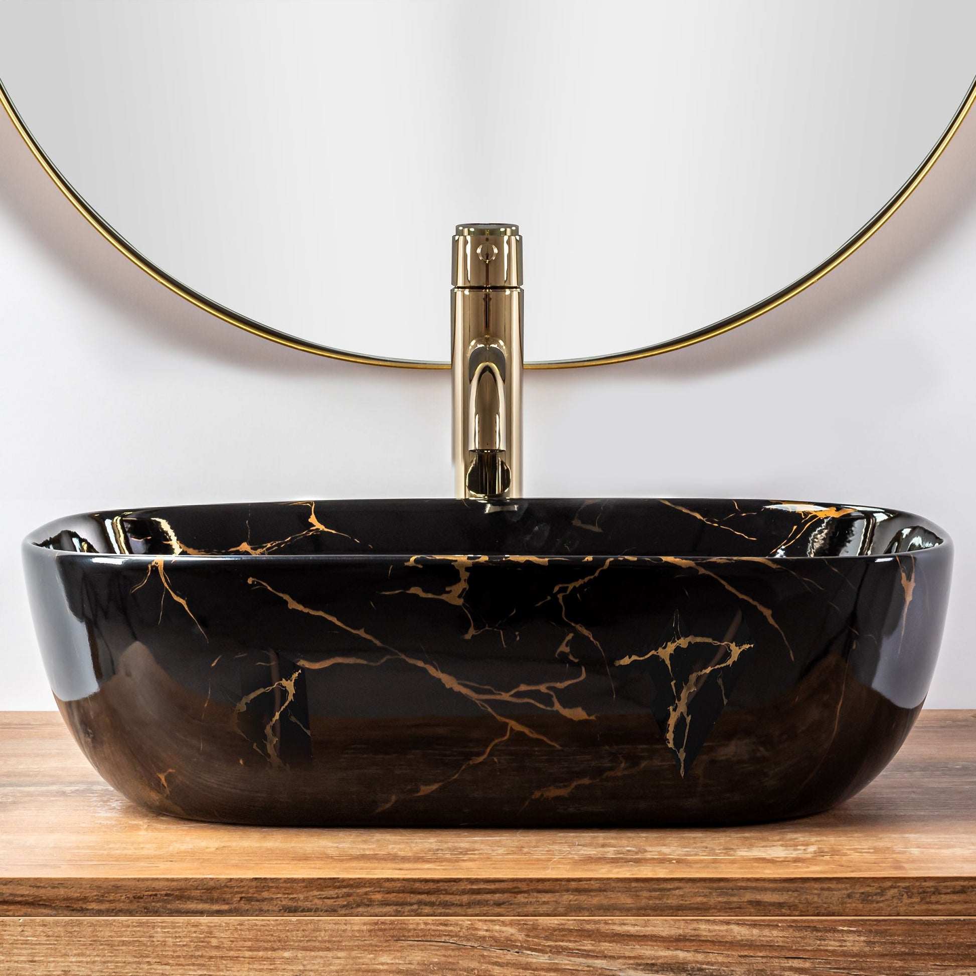 Lavoar blat Rea Belinda Black Marble Shiny, 46.5x33cm, ceramica sanitara - MarbelOn