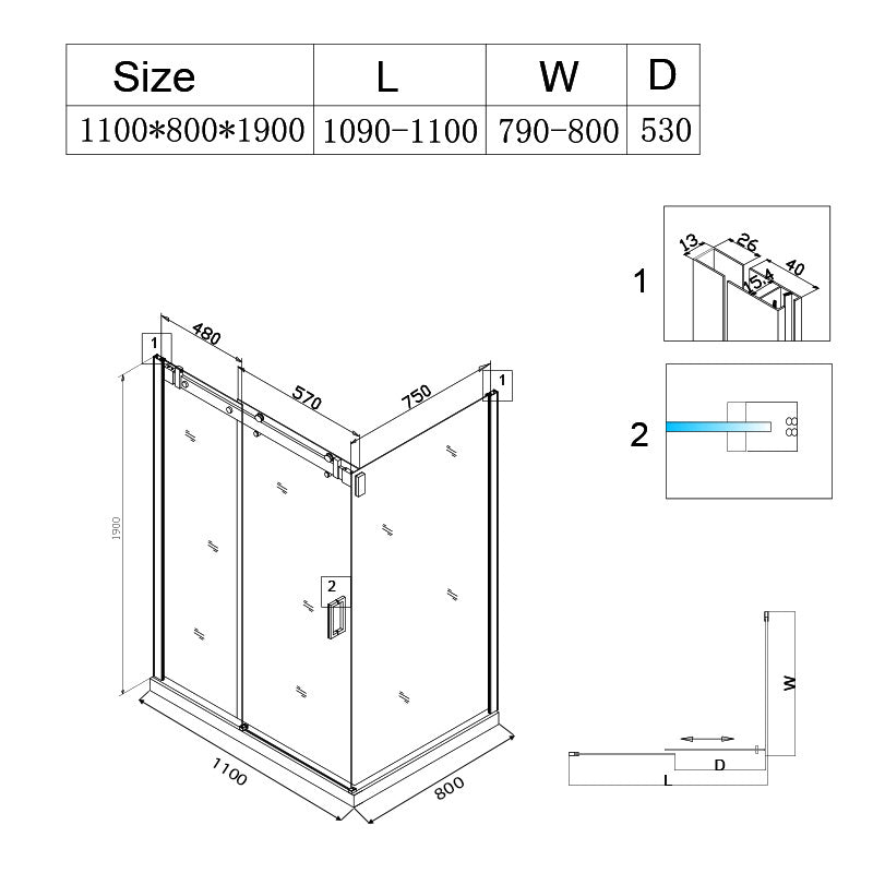 Cabina dus MBO- BS14B , 110x80cm, finisaj negru