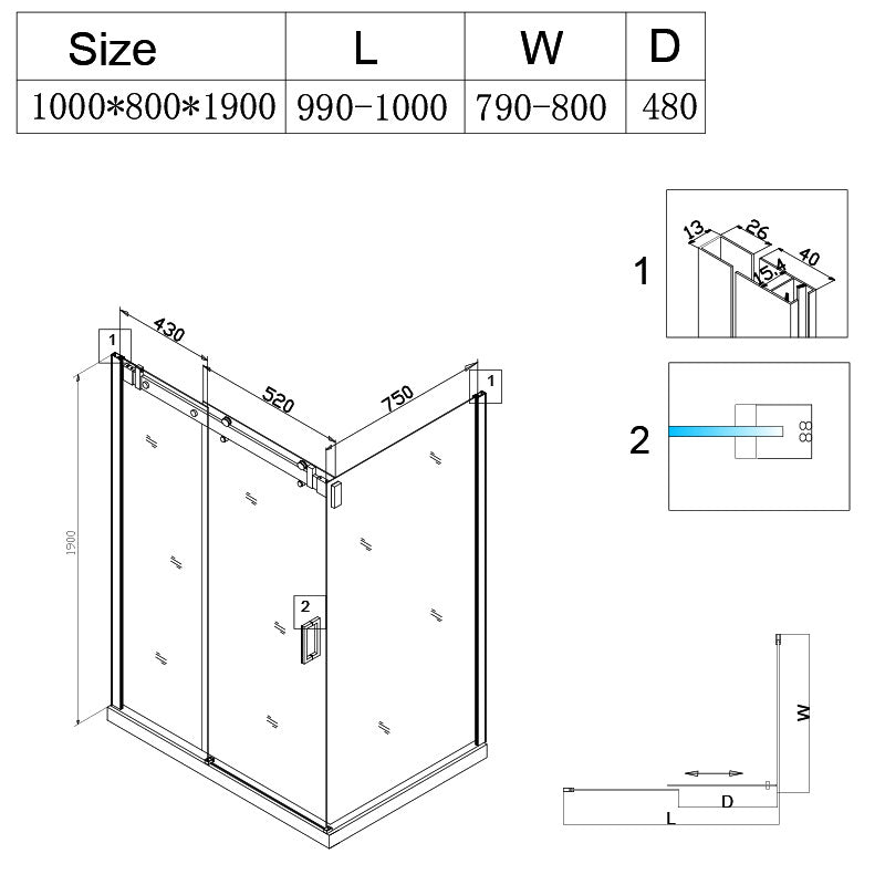 Cabina dus MBO- KZ202C , 100x80cm, finisaj crom