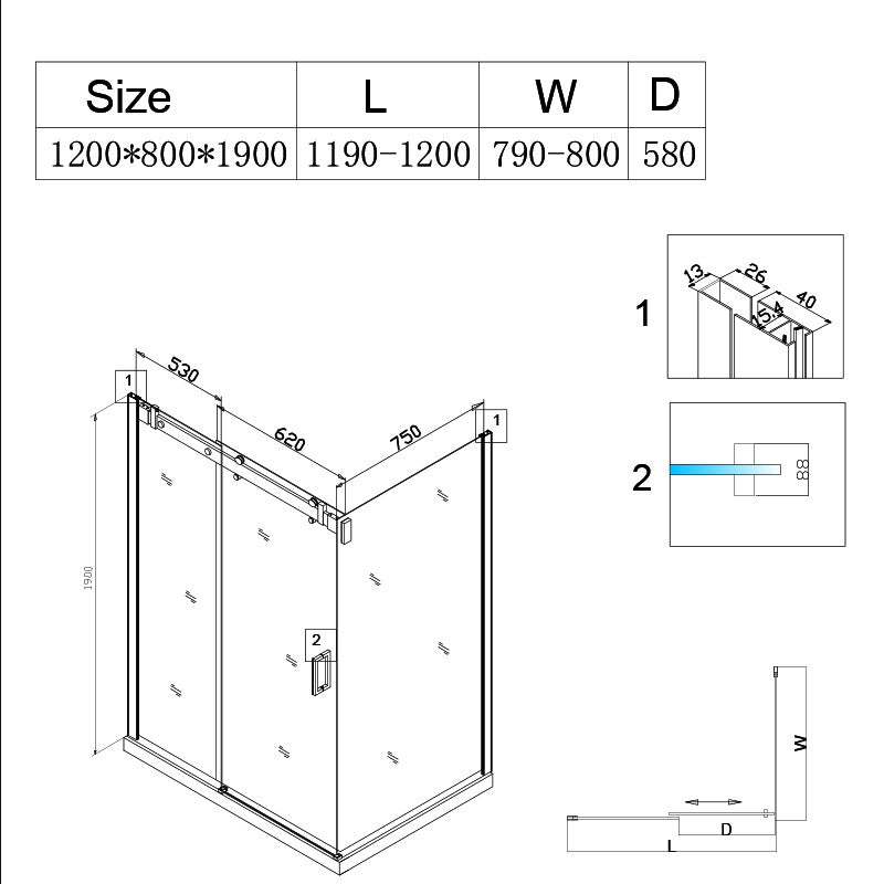 Cabina dus MBO- KZ202C , 120x80cm, finisaj crom