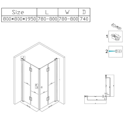 Cabina dus MBO-KZ1290A,80x80cm, finisaj crom