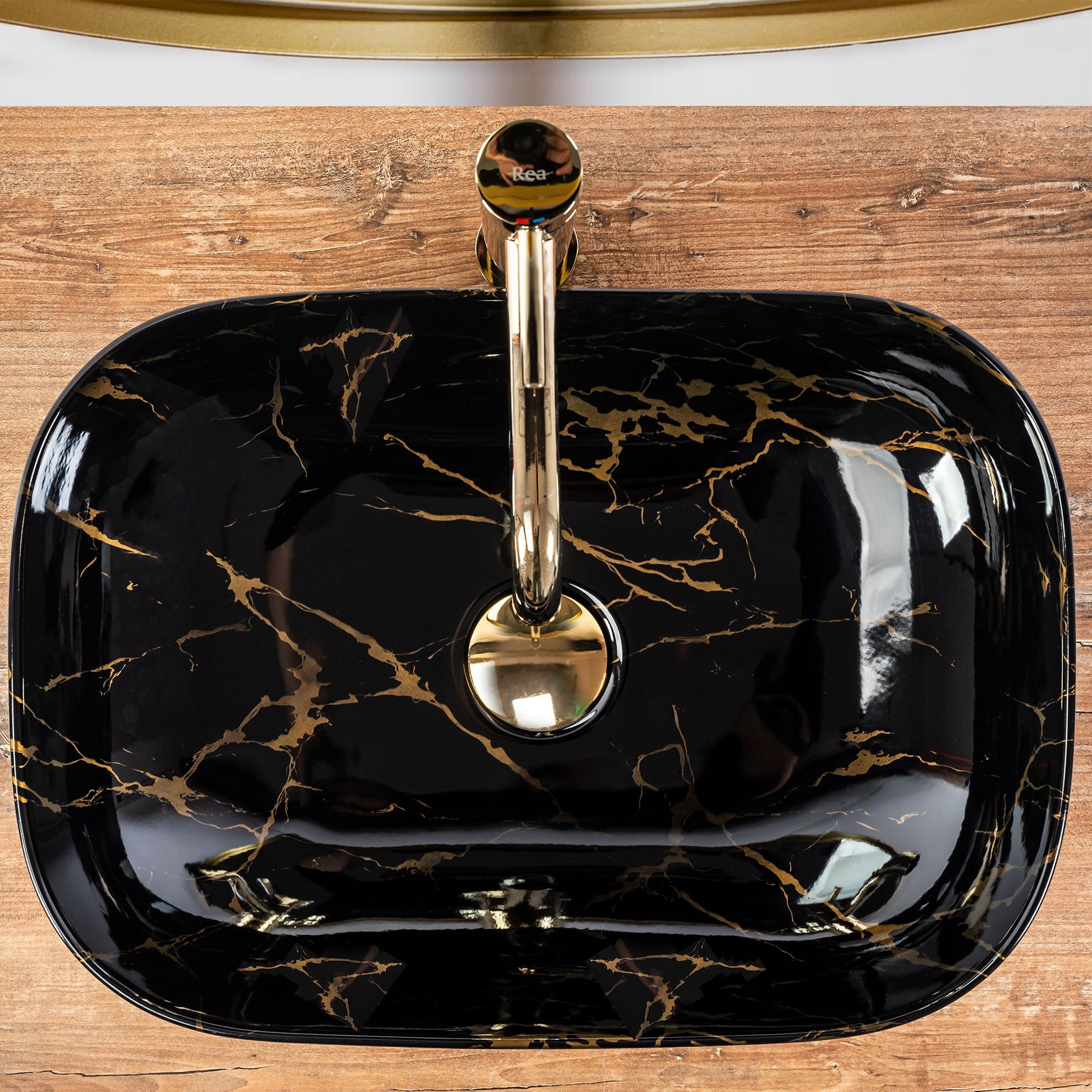 Lavoar blat Rea Belinda Black Marble Shiny, 46.5x33cm, ceramica sanitara - MarbelOn
