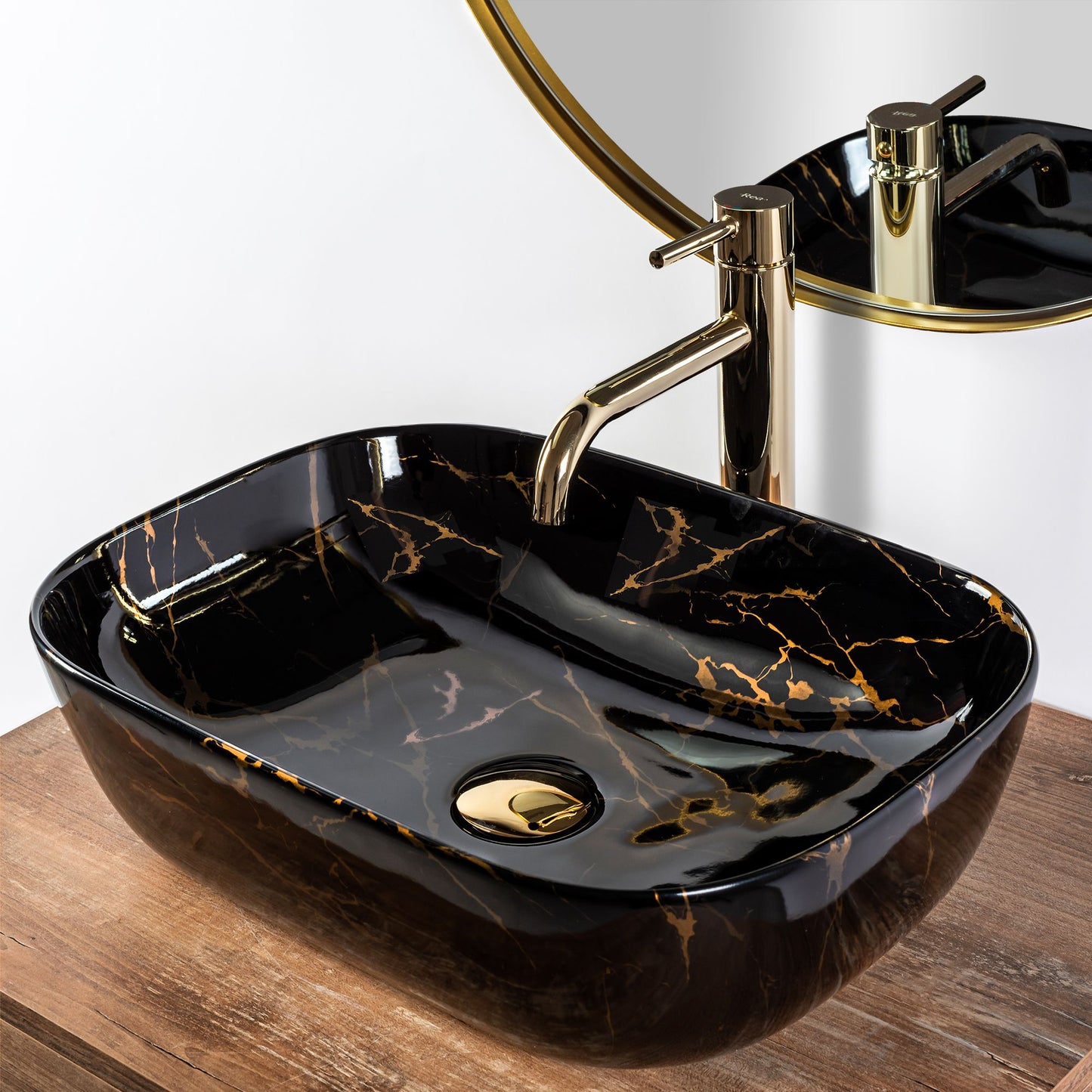 Lavoar blat Rea Belinda Black Marble Shiny, 46.5x33cm, ceramica sanitara - MarbelOn