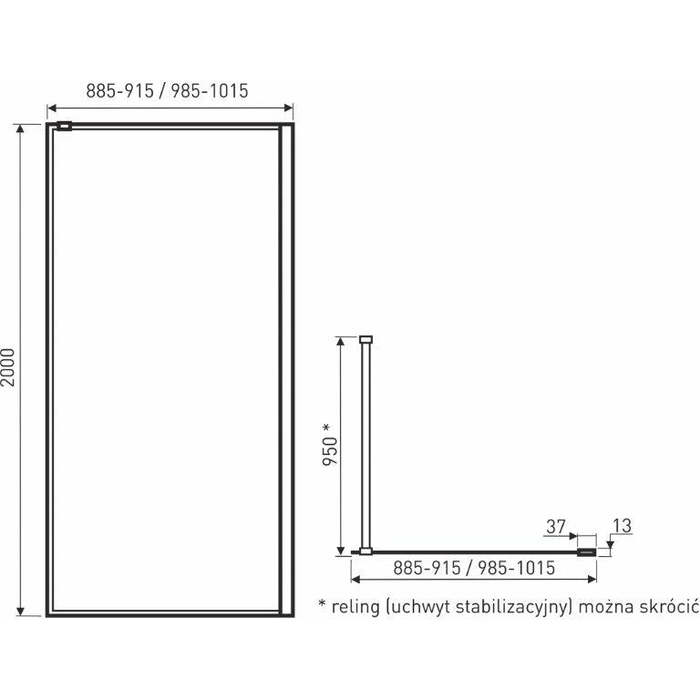 Panou dus Walk-In Techo, 90/100x200cm, sticla securizata 8mm, finisaj negru mat - MarbelOn