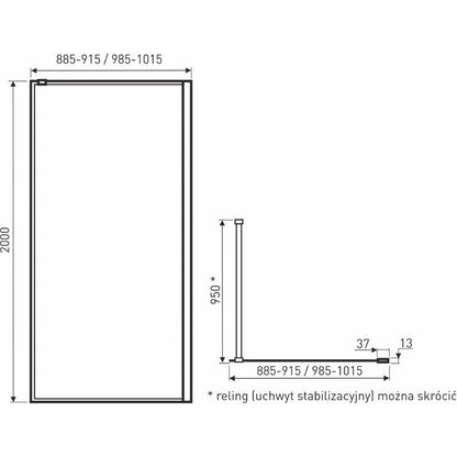 Panou dus Walk-In Techo, 90/100x200cm, sticla securizata 8mm, finisaj negru mat - MarbelOn